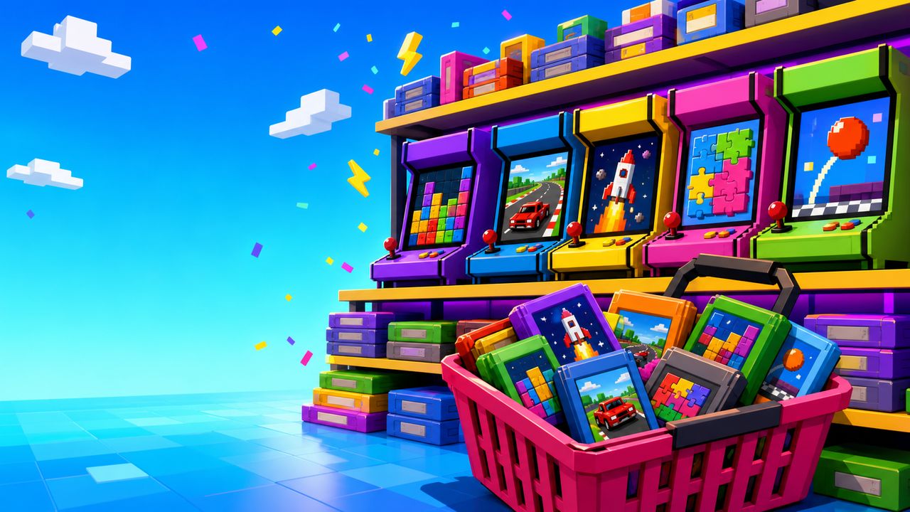 A shelf of arcade cabinets and game cartridges spilling out of a shopping basket.